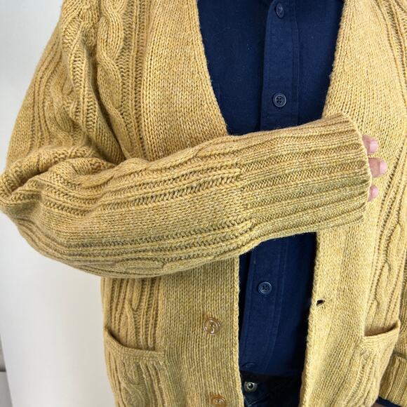 Vintage Alan Paine Shetland Wool Cable Knit Cardigan Camel Tan Winter - Picture 4 of 8